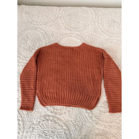 Rust Chunky Knit V-Neck Sweater Medium Cropped Long Sleeve Fall Cozy Boho - Picture 3 of 8